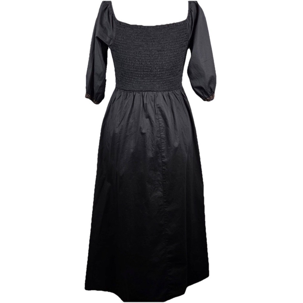 Milkmaid Black Maxi Dress L Smocked Embroidered Cottagecore Peasant Puff Sleeve - Picture 9 of 16